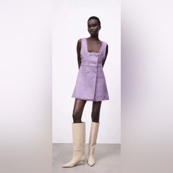 Zara Dresses & Skirts - Zara Lilac Boucle Tweed Rhinestone Button Front Wrap Mini Dress